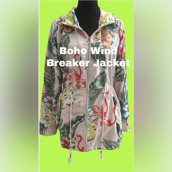 🦩🦩🦩BOHO PINK FLAMMENGO HOODED WIND BREAKER JACKET🦩🦩🦩 - Picture 2 of 13
